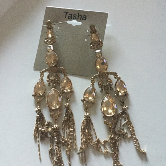 TASHA LONG GOLD CRYSTAL CHANDELIER EARRINGS 5.75” GORGEOUS NWT - Picture 3 of 6